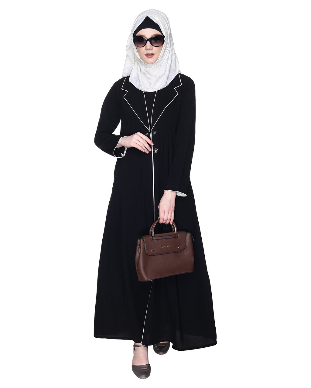 Stylish Coat Style Abaya With White Piping Purple
