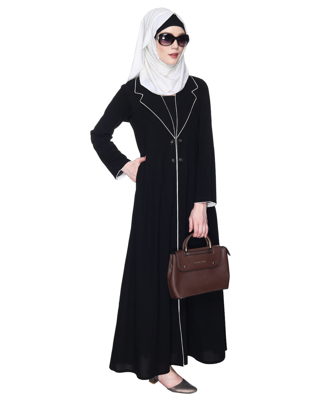 Stylish Coat Style Abaya With White Piping Purple