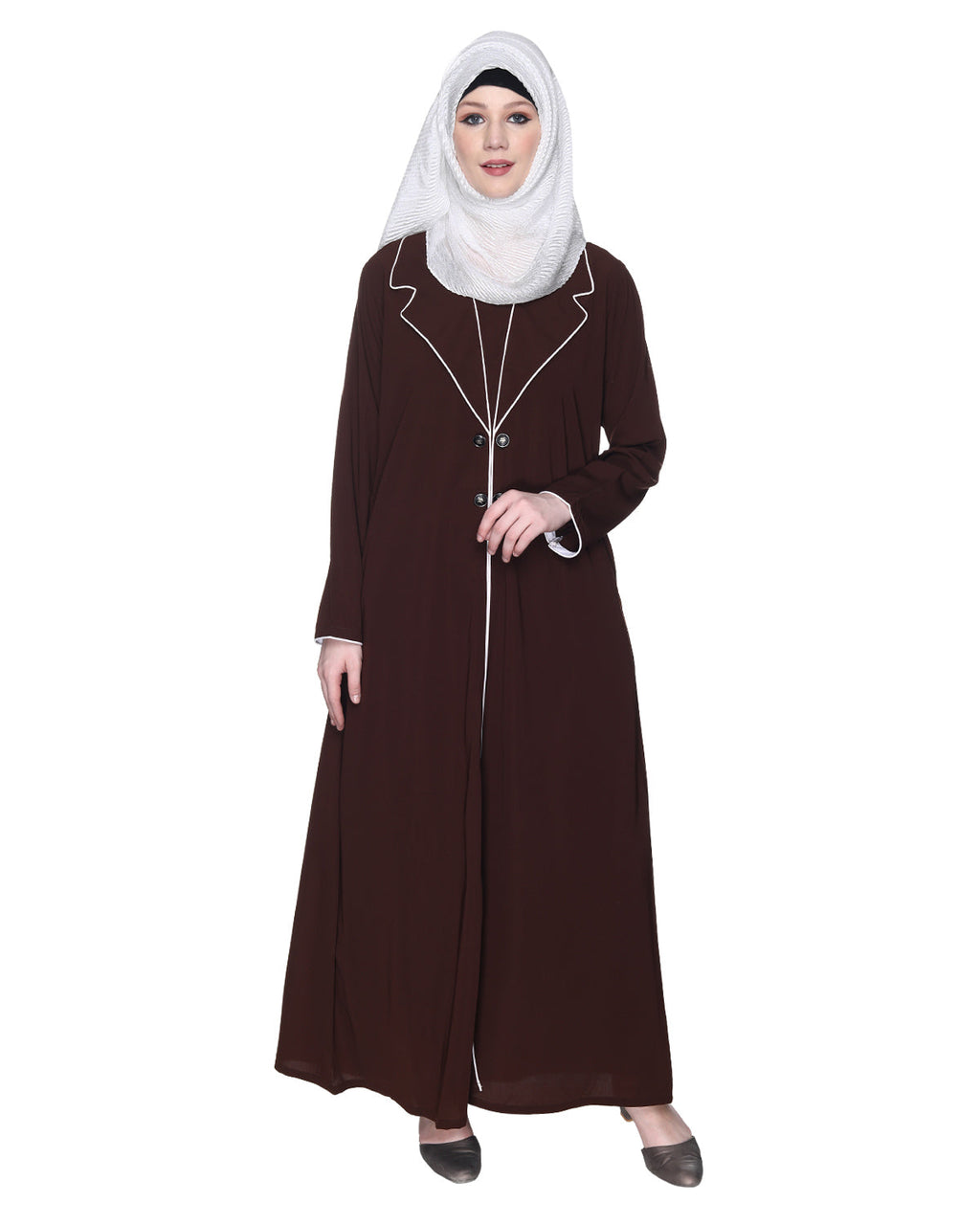 Stylish Coat Style Abaya With White Piping Black