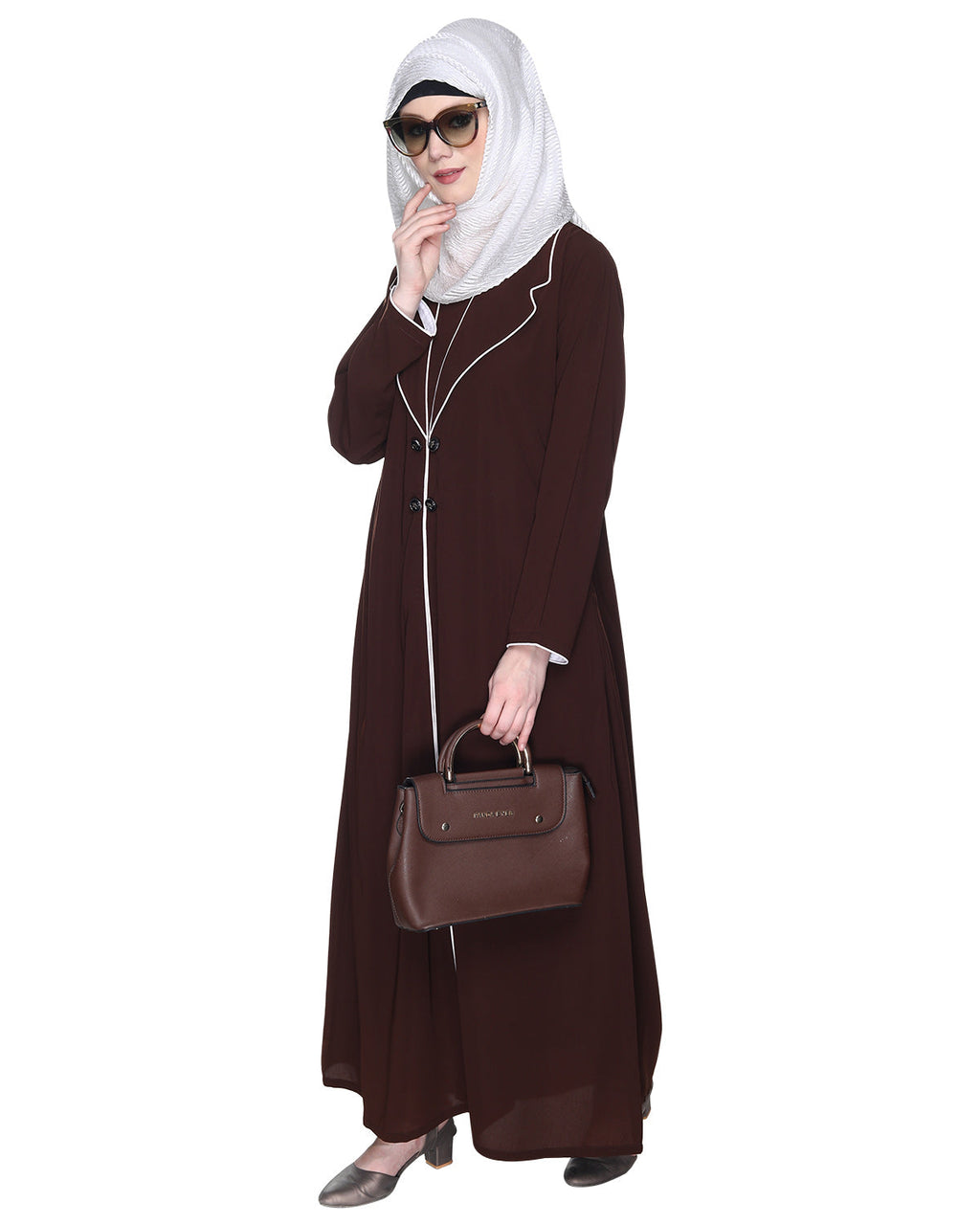 Stylish Coat Style Abaya With White Piping Black