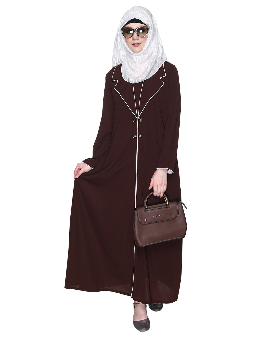 Stylish Coat Style Abaya With White Piping Brown