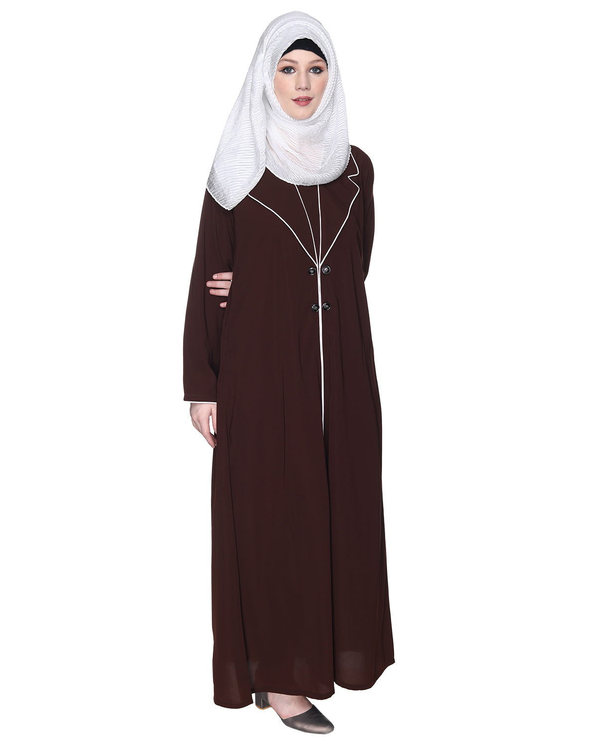 Stylish Coat Style Abaya With White Piping Brown