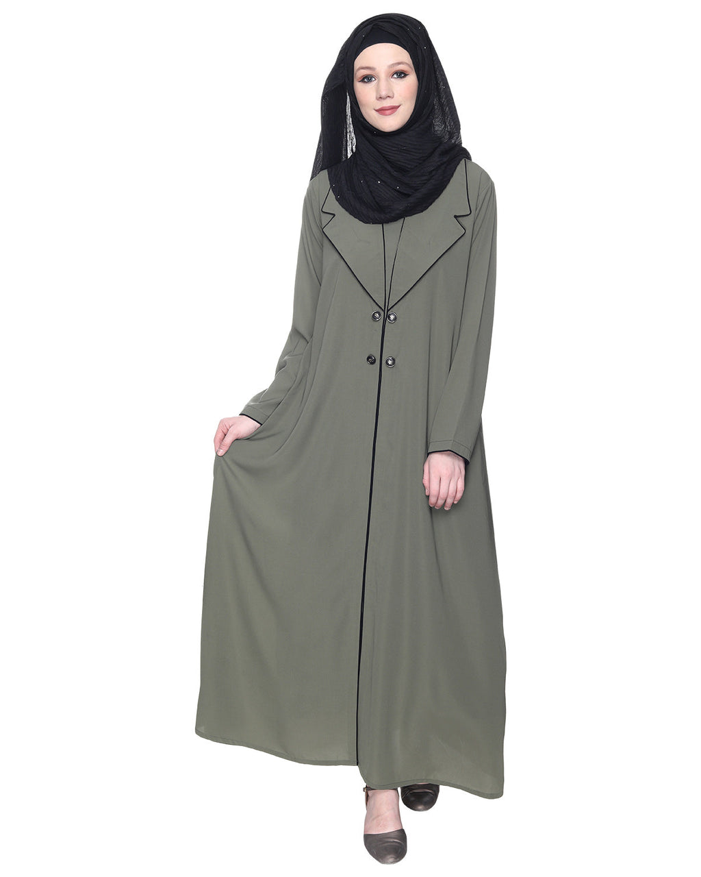 Stylish Coat Style Abaya With White Piping Brown