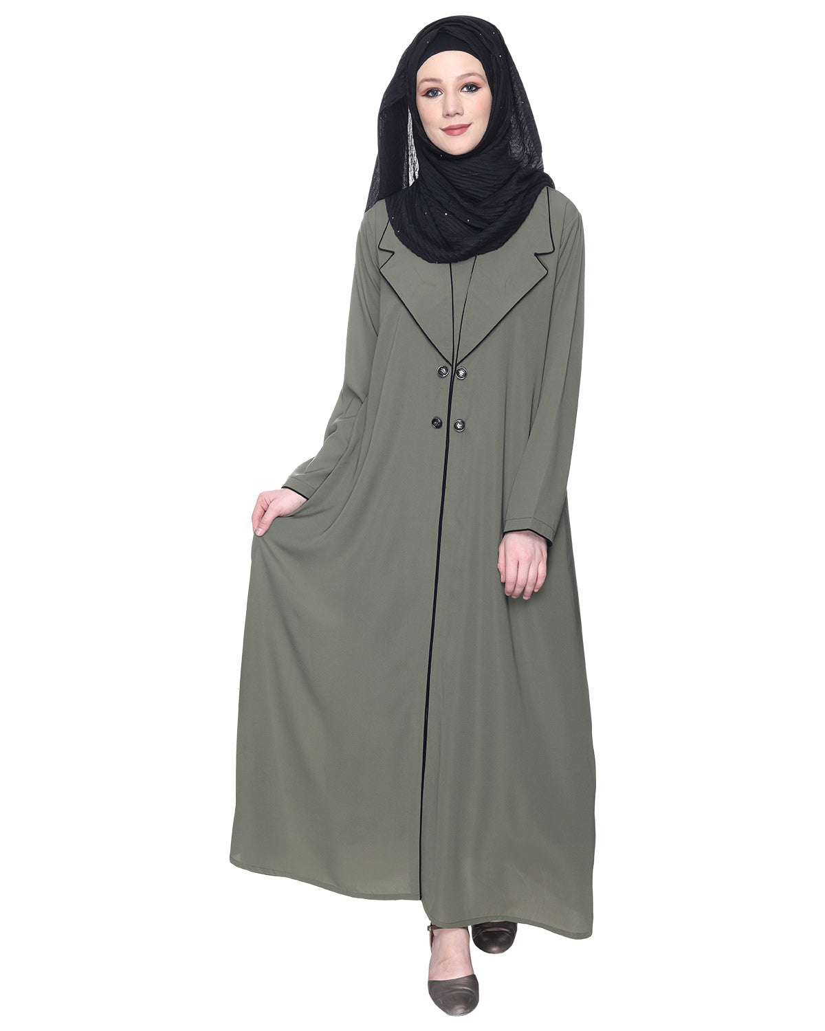 Stylish Coat Style Abaya With White Piping Brown