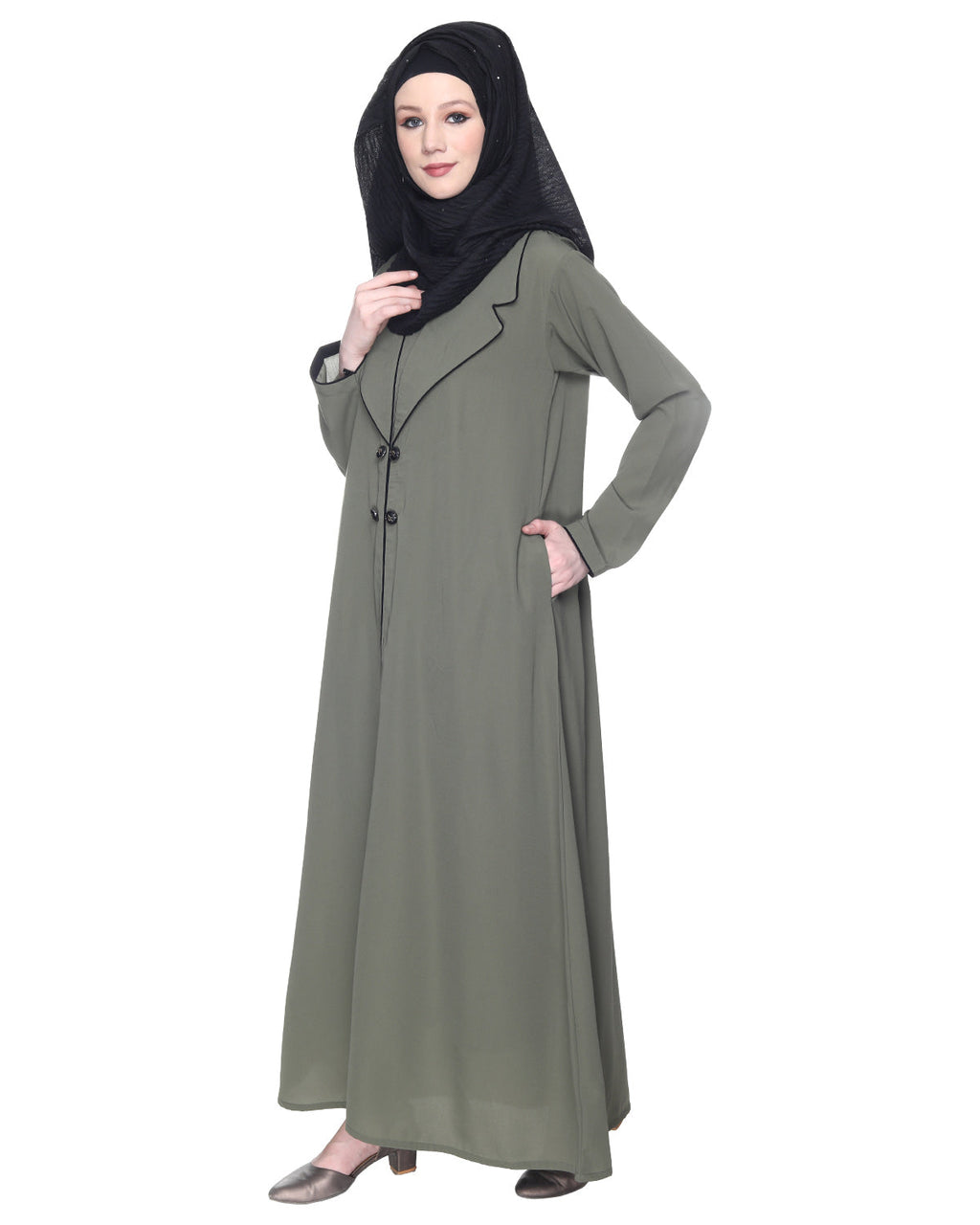 Stylish Coat Style Abaya With White Piping Dead Mint