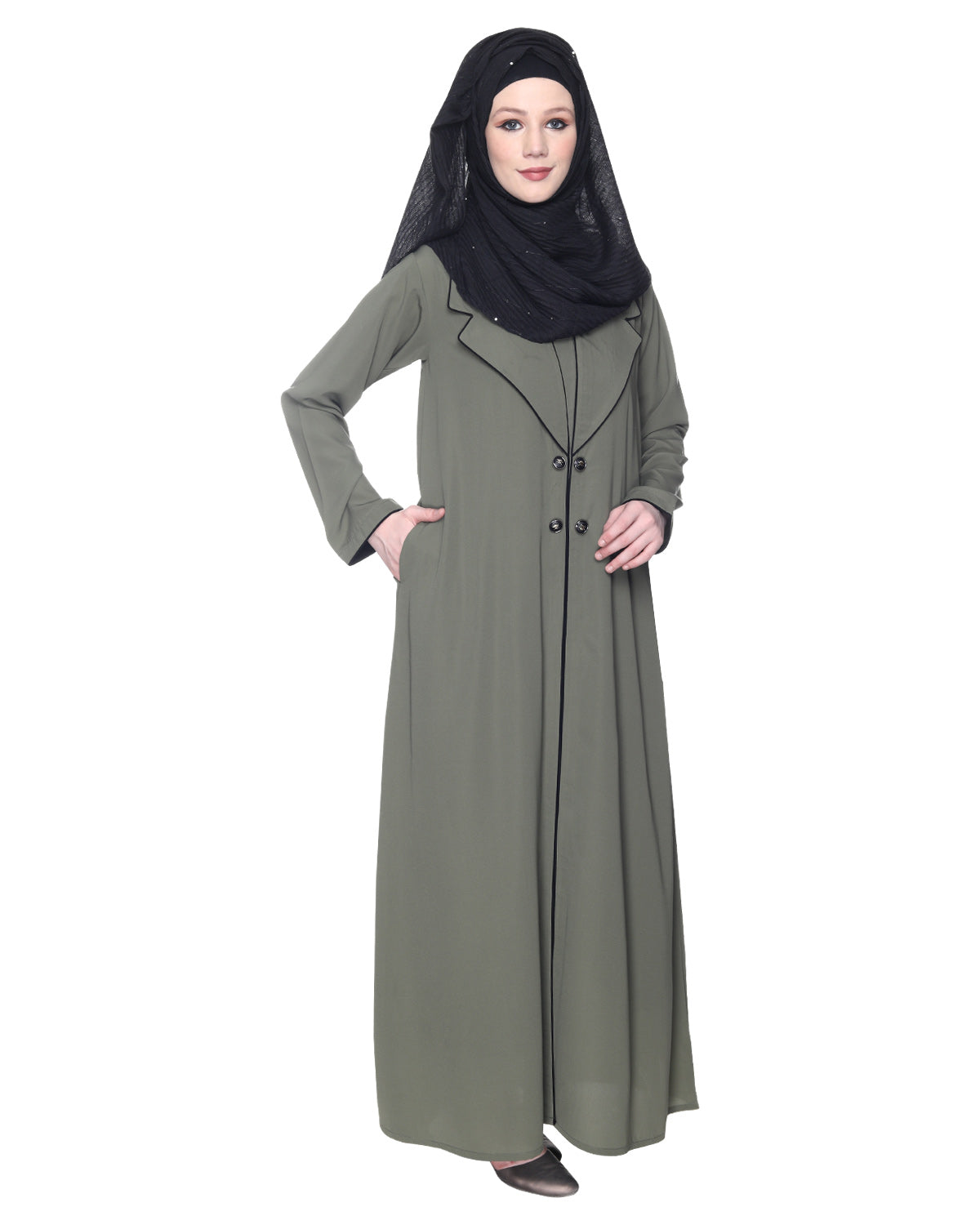 Stylish Coat Style Abaya With White Piping Dead Mint