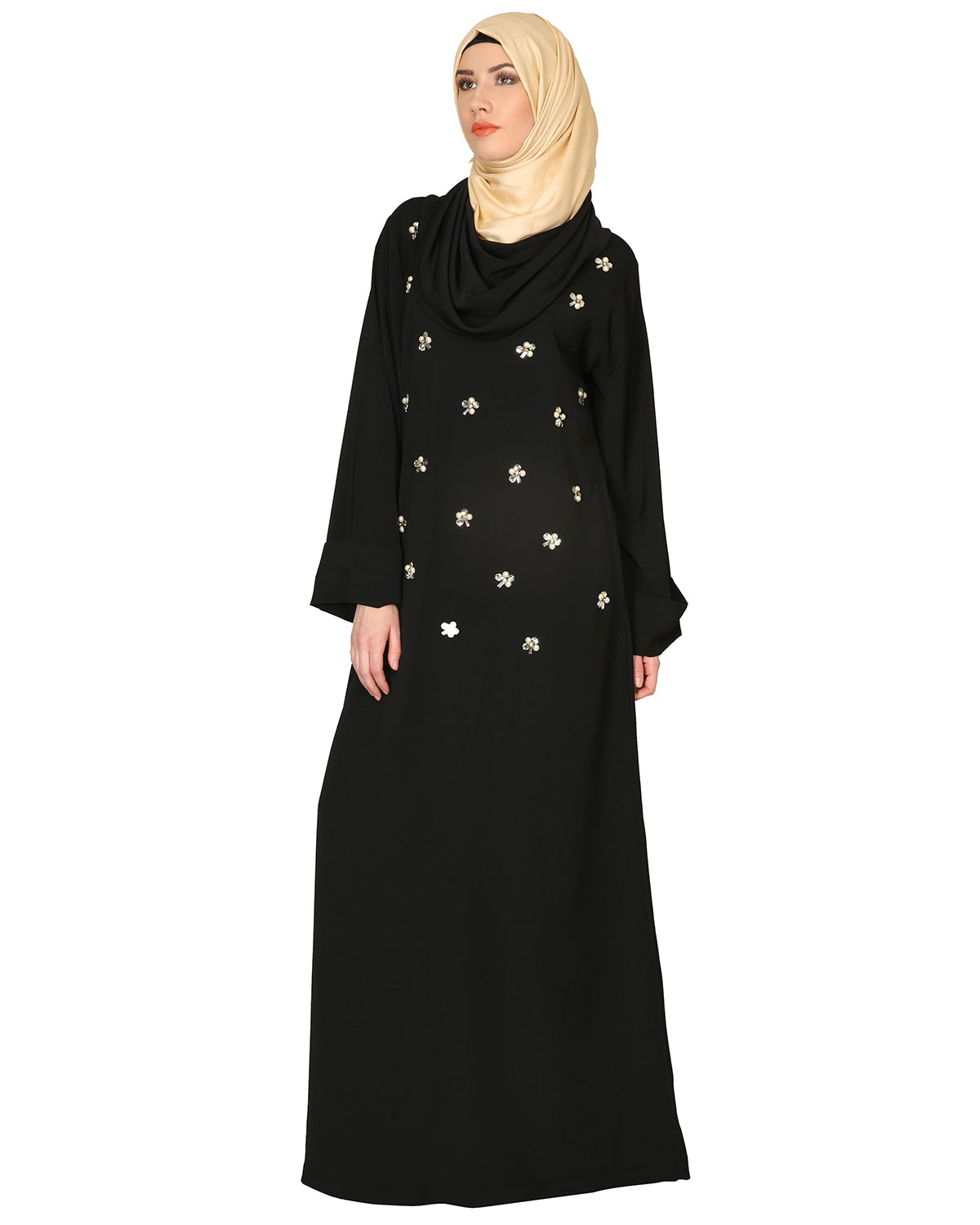 Cowl Neck And Elegant Crystal Hand Embroidered Abaya Black