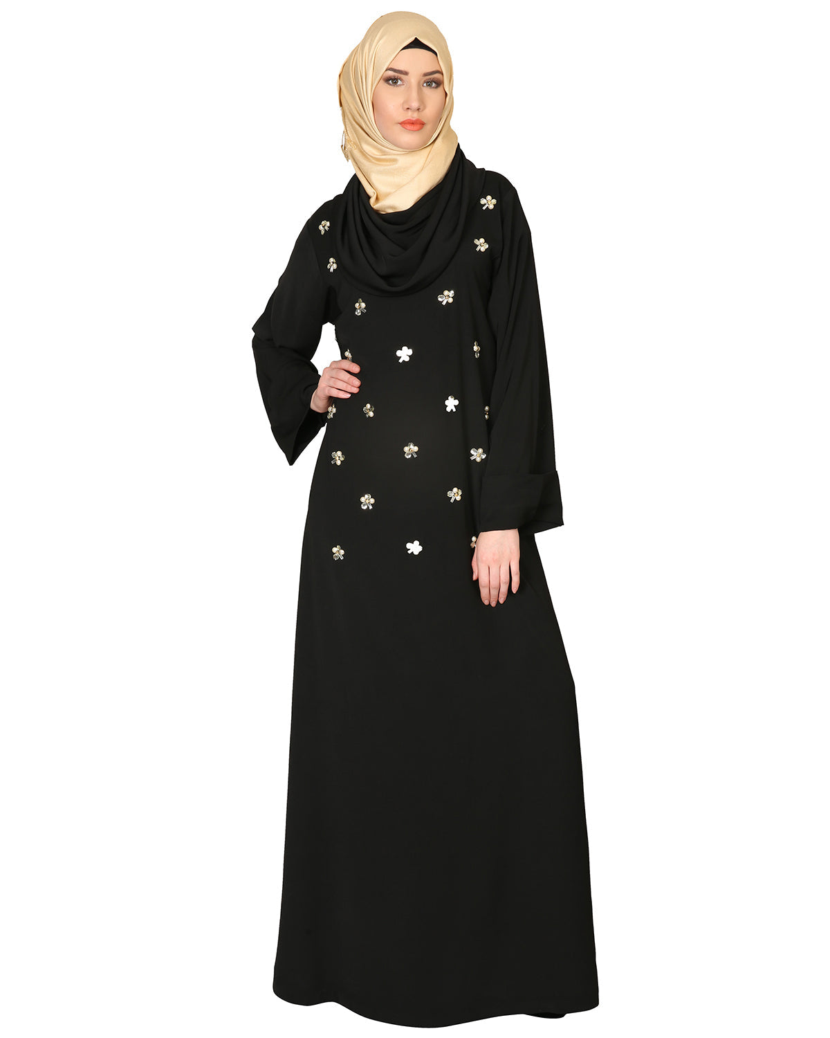 Cowl Neck And Elegant Crystal Hand Embroidered Abaya Black