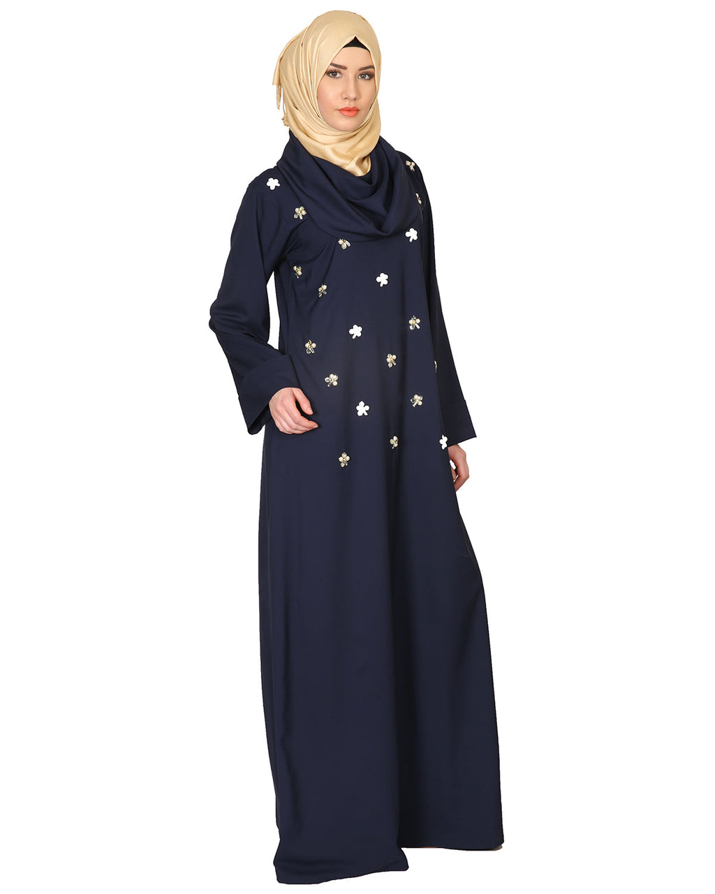 Cowl Neck And Elegant Crystal Hand Embroidered Abaya Navy Blue