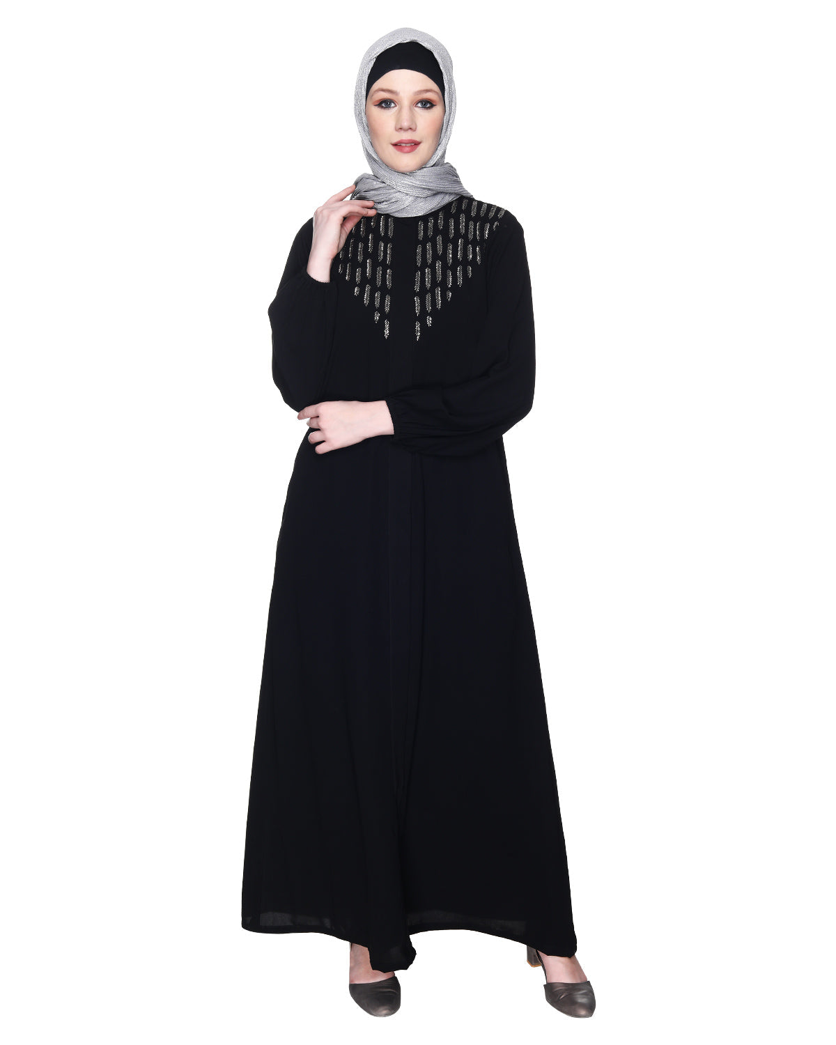 Abaya With Flashy Metallic Beads Embroidery Black