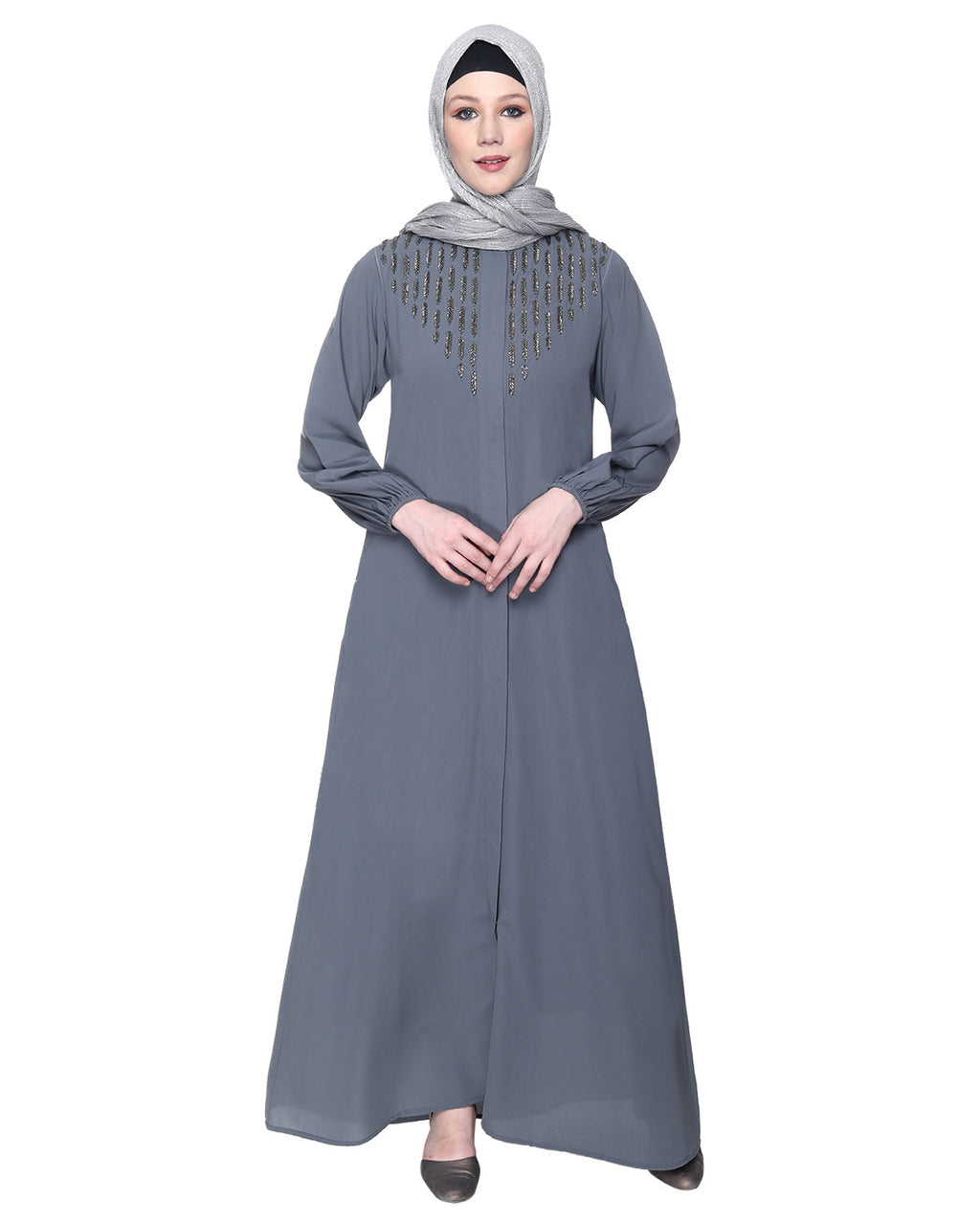 Abaya With Flashy Metallic Beads Embroidery Grey