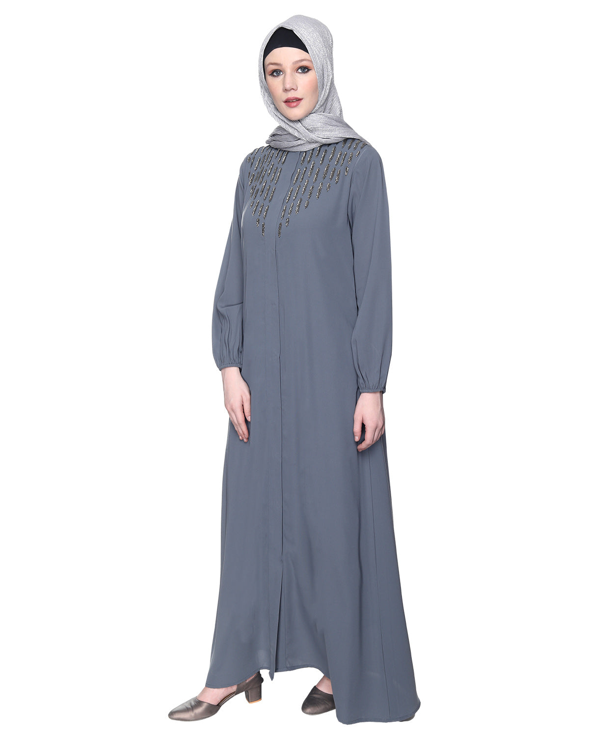 Abaya With Flashy Metallic Beads Embroidery Grey