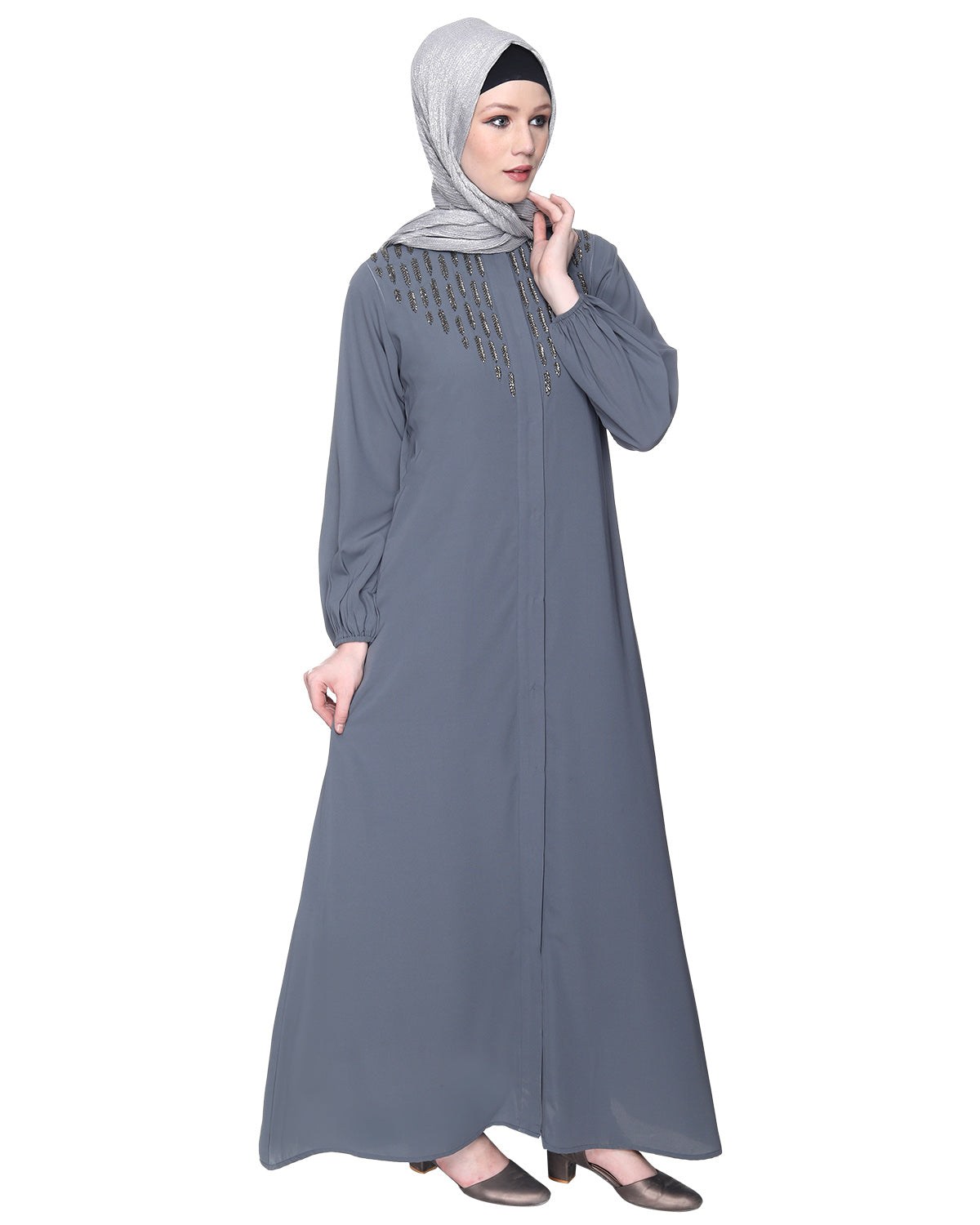 Abaya With Flashy Metallic Beads Embroidery Grey
