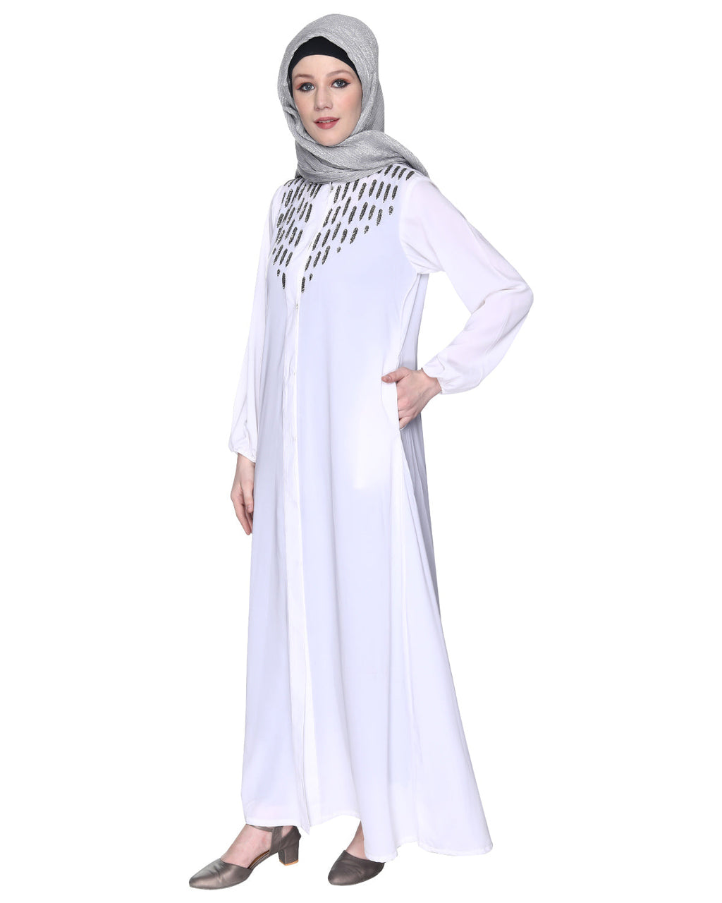 Abaya With Flashy Metallic Beads Embroidery White