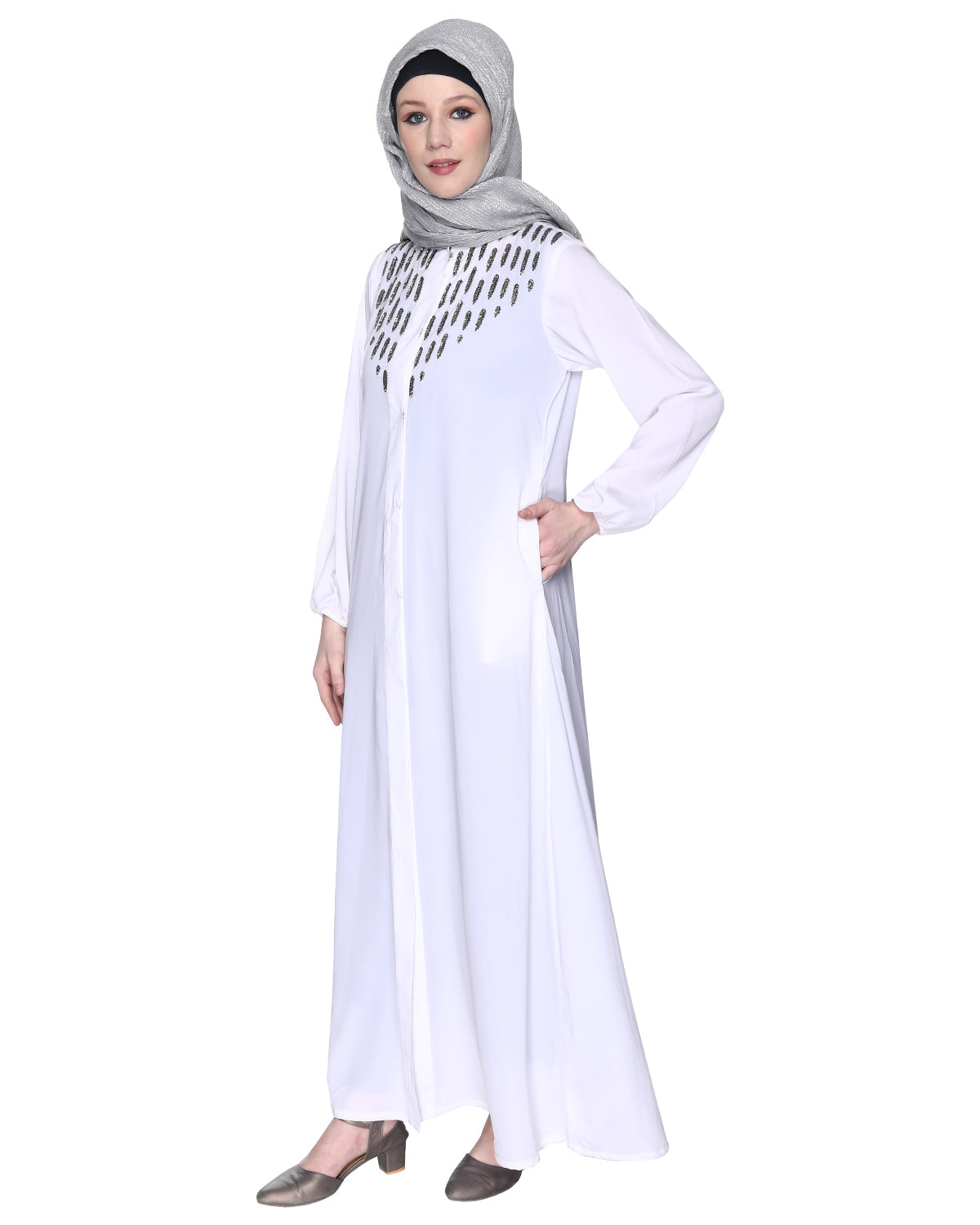 Abaya With Flashy Metallic Beads Embroidery White