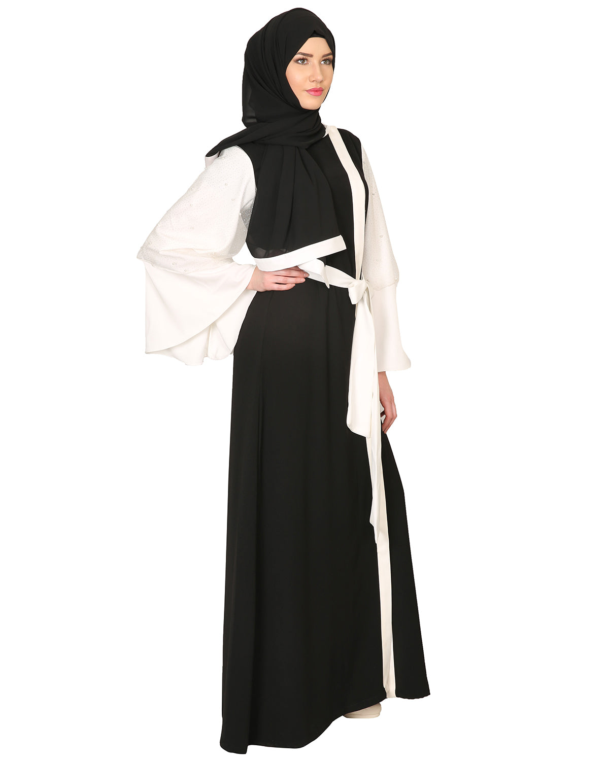 Double Layered Pearl Embellished Sleeves Abaya Black