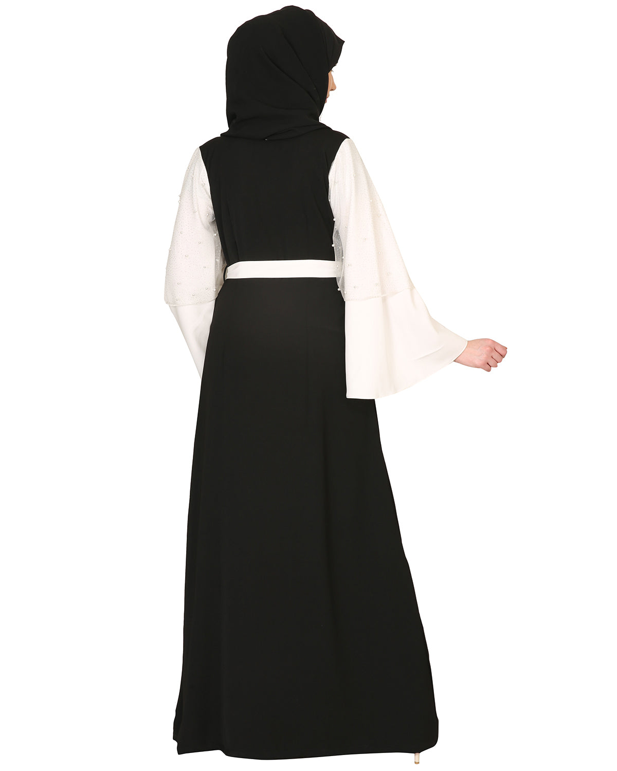 Double Layered Pearl Embellished Sleeves Abaya Black