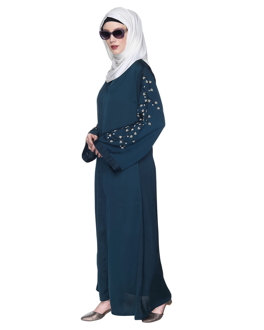 Enchanting Abaya With Sparkling Hand-Embroidered Sleeves Bottle Green