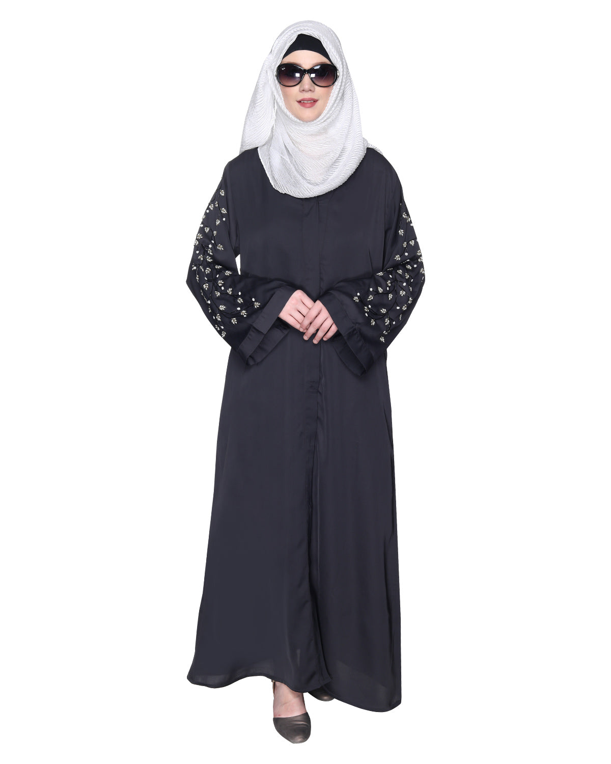 Enchanting Abaya With Sparkling Hand-Embroidered Sleeves Dark Green