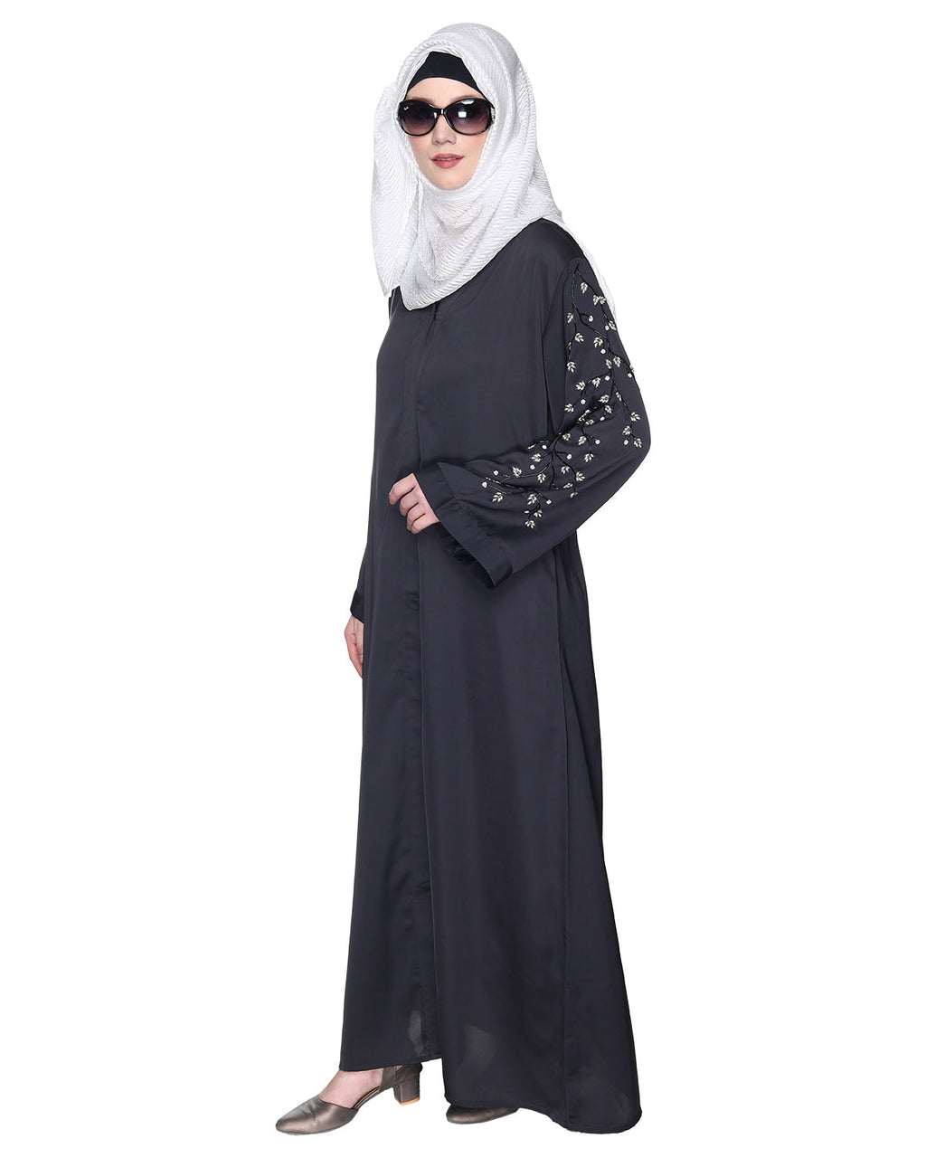 Enchanting Abaya With Sparkling Hand-Embroidered Sleeves Dark Green