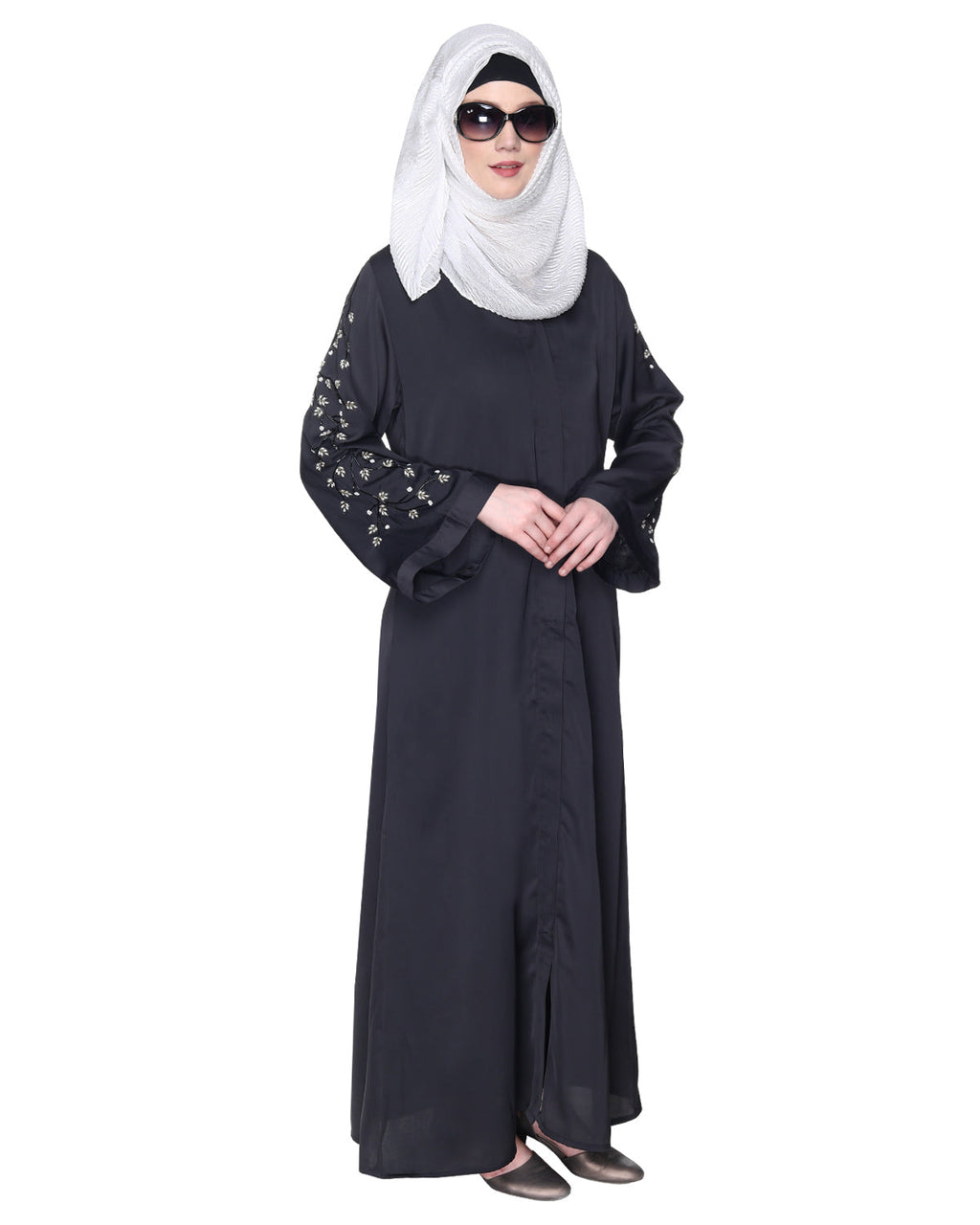 Enchanting Abaya With Sparkling Hand-Embroidered Sleeves Dark Green