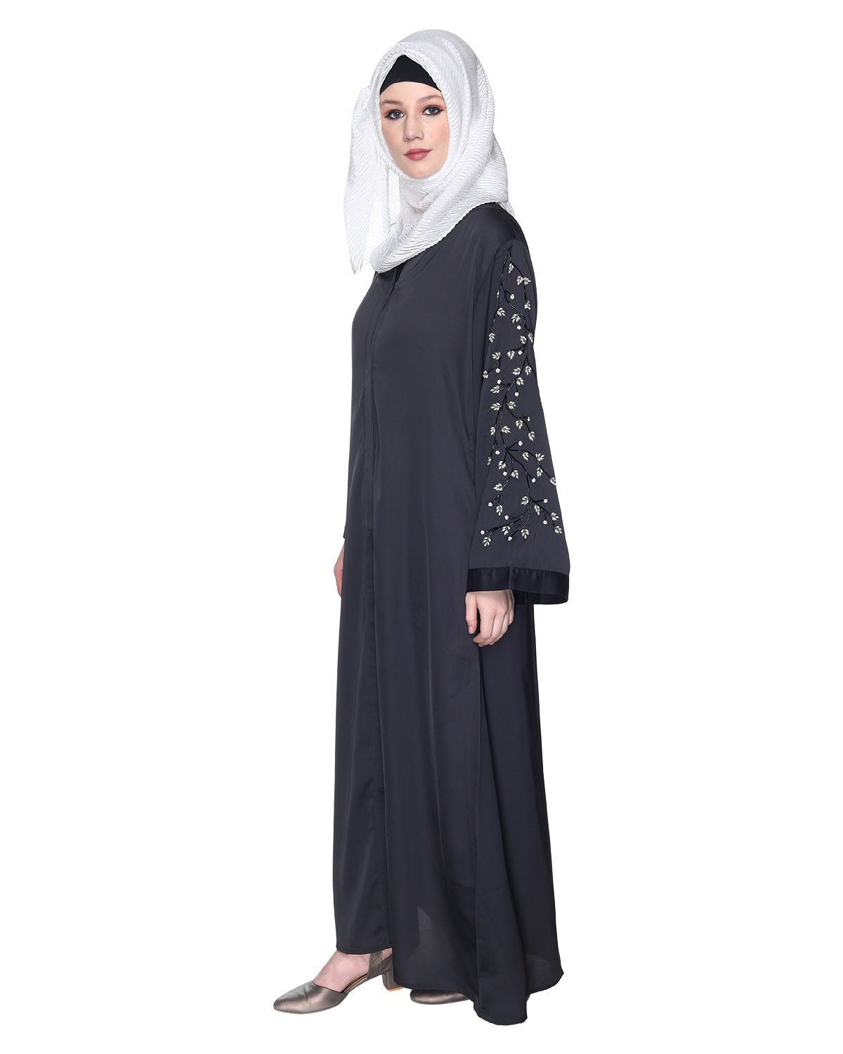 Enchanting Abaya With Sparkling Hand-Embroidered Sleeves Dark Green