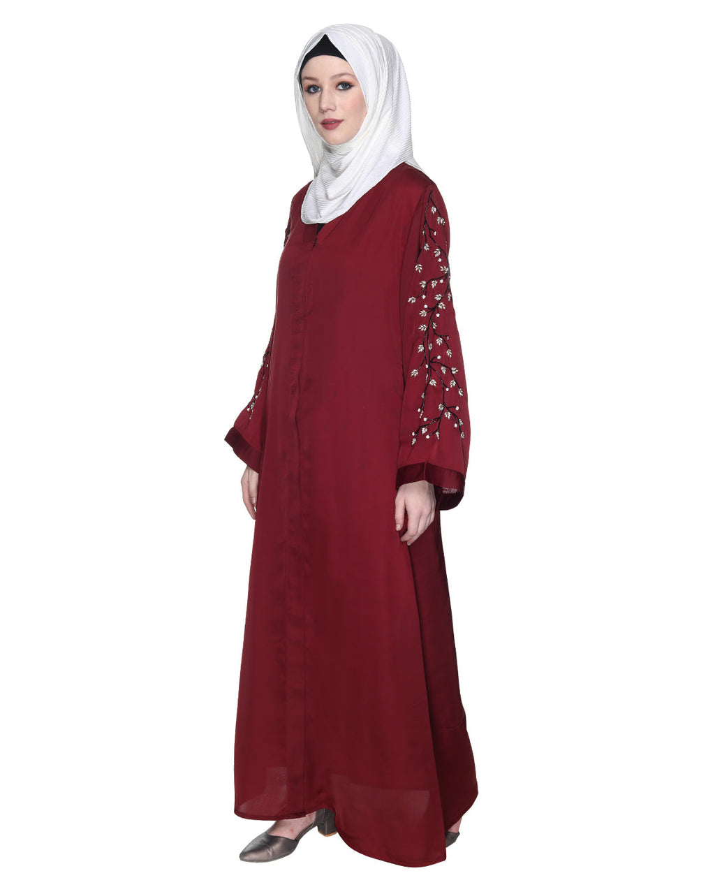 Enchanting Abaya With Sparkling Hand-Embroidered Sleeves Maroon