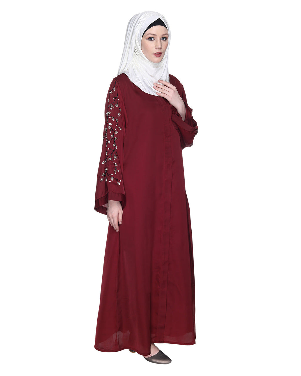 Enchanting Abaya With Sparkling Hand-Embroidered Sleeves Maroon