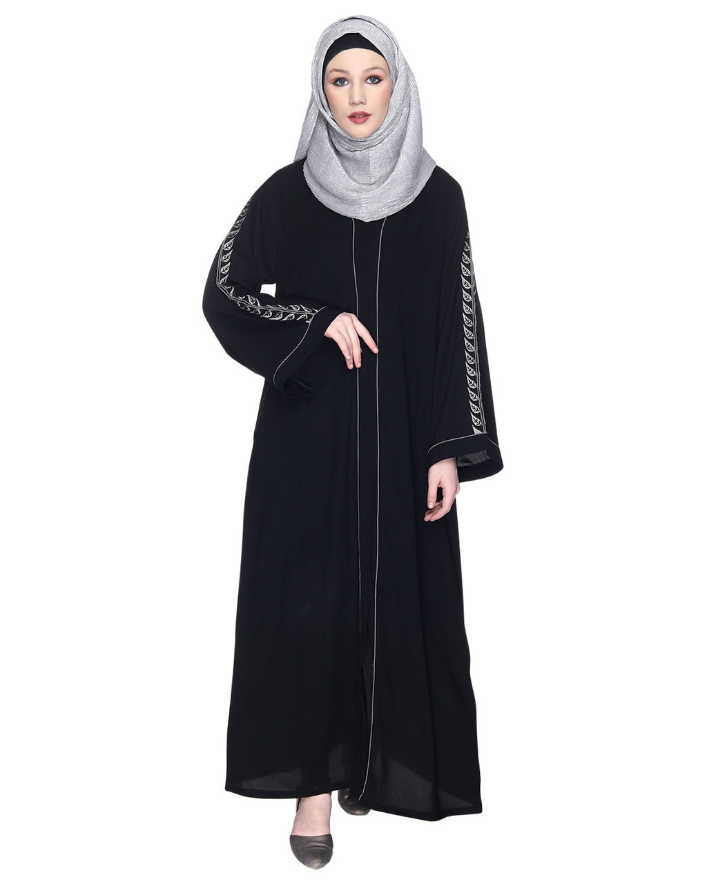 Formal Abaya With Gleaming Embroidered Sleeves Black