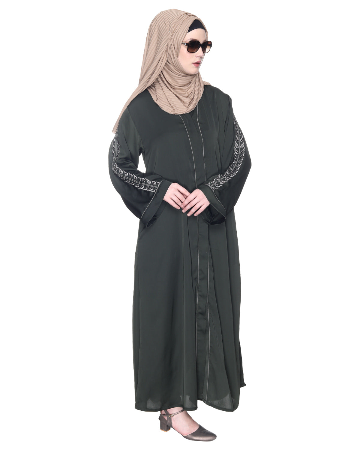 Formal Abaya With Gleaming Embroidered Sleeves Olive Green