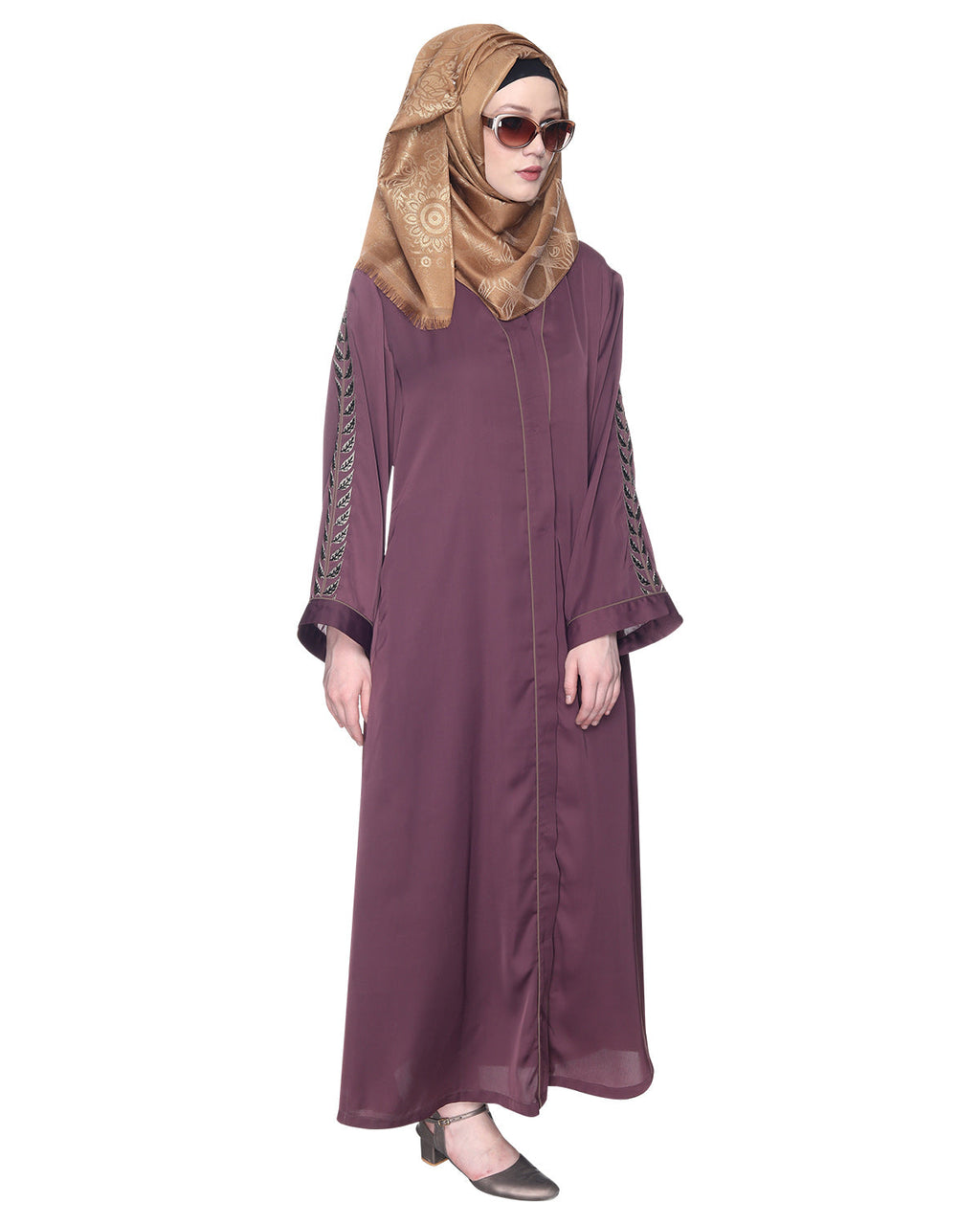 Formal Abaya With Gleaming Embroidered Sleeves Purple