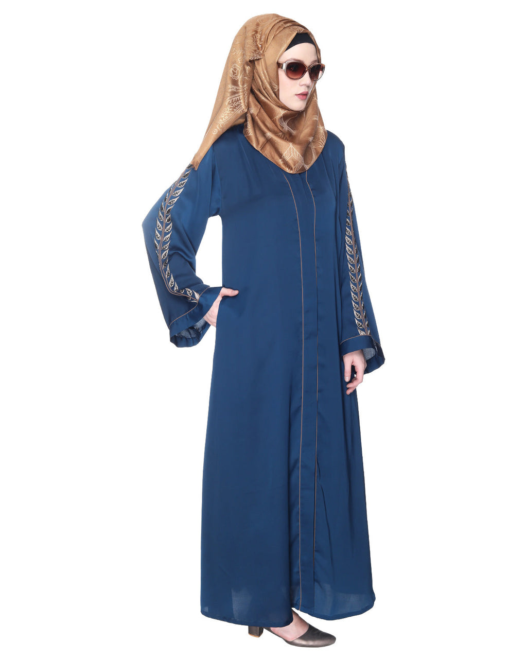 Formal Abaya With Gleaming Embroidered Sleeves Teal Blue