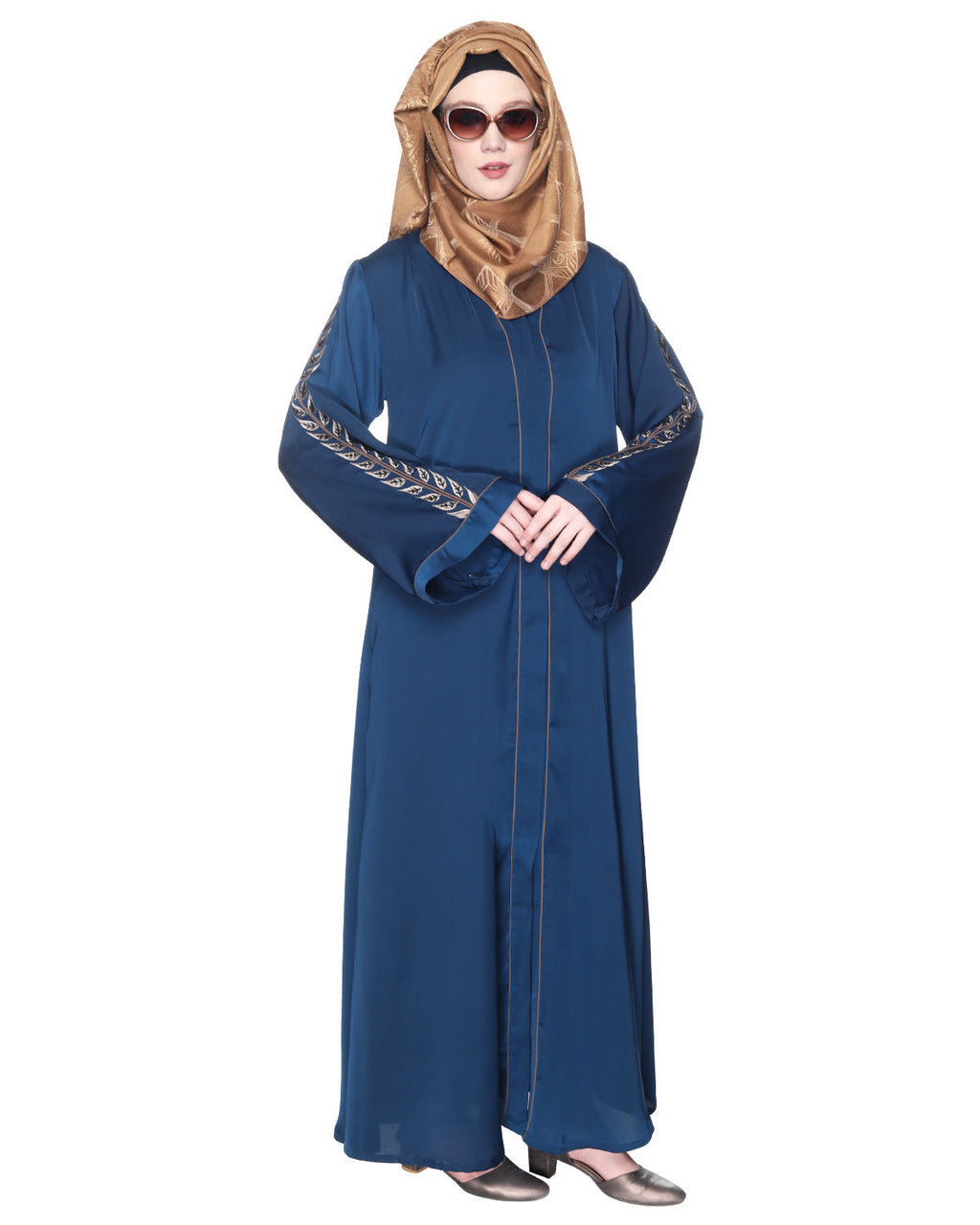 Formal Abaya With Gleaming Embroidered Sleeves Teal Blue