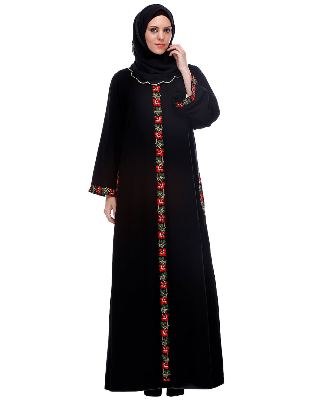 Black Abaya With Multi Coloured Thread Vertical Embroidery Black
