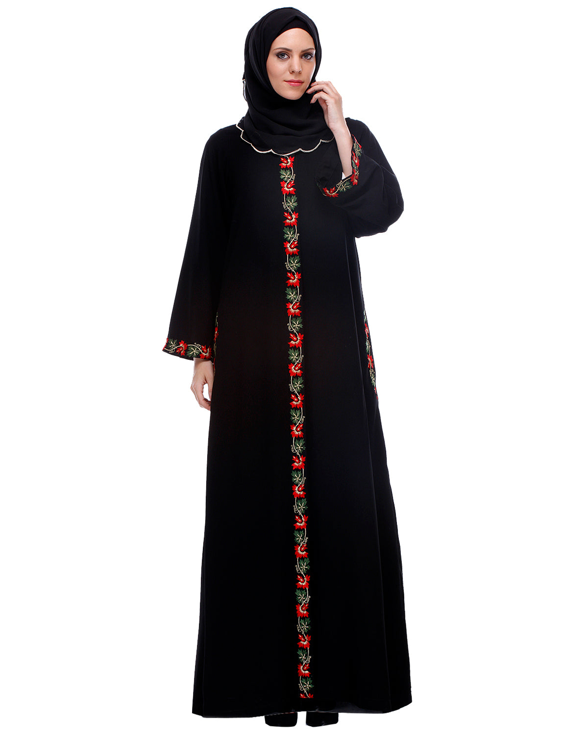 Black Abaya With Multi Coloured Thread Vertical Embroidery Black
