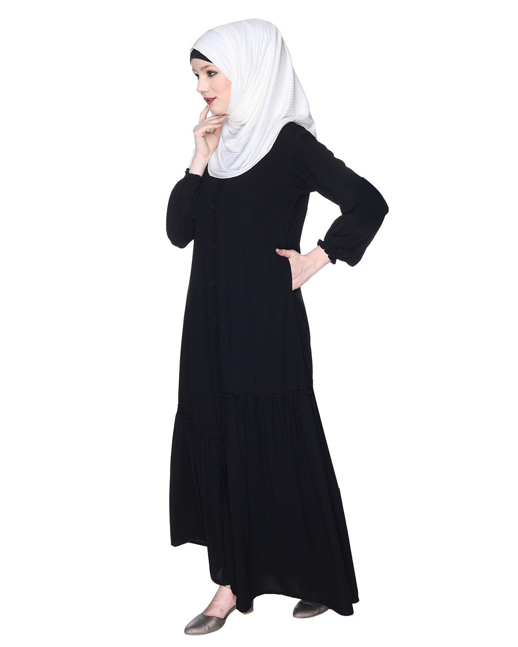 Chic Spiral Abaya With Frills Black