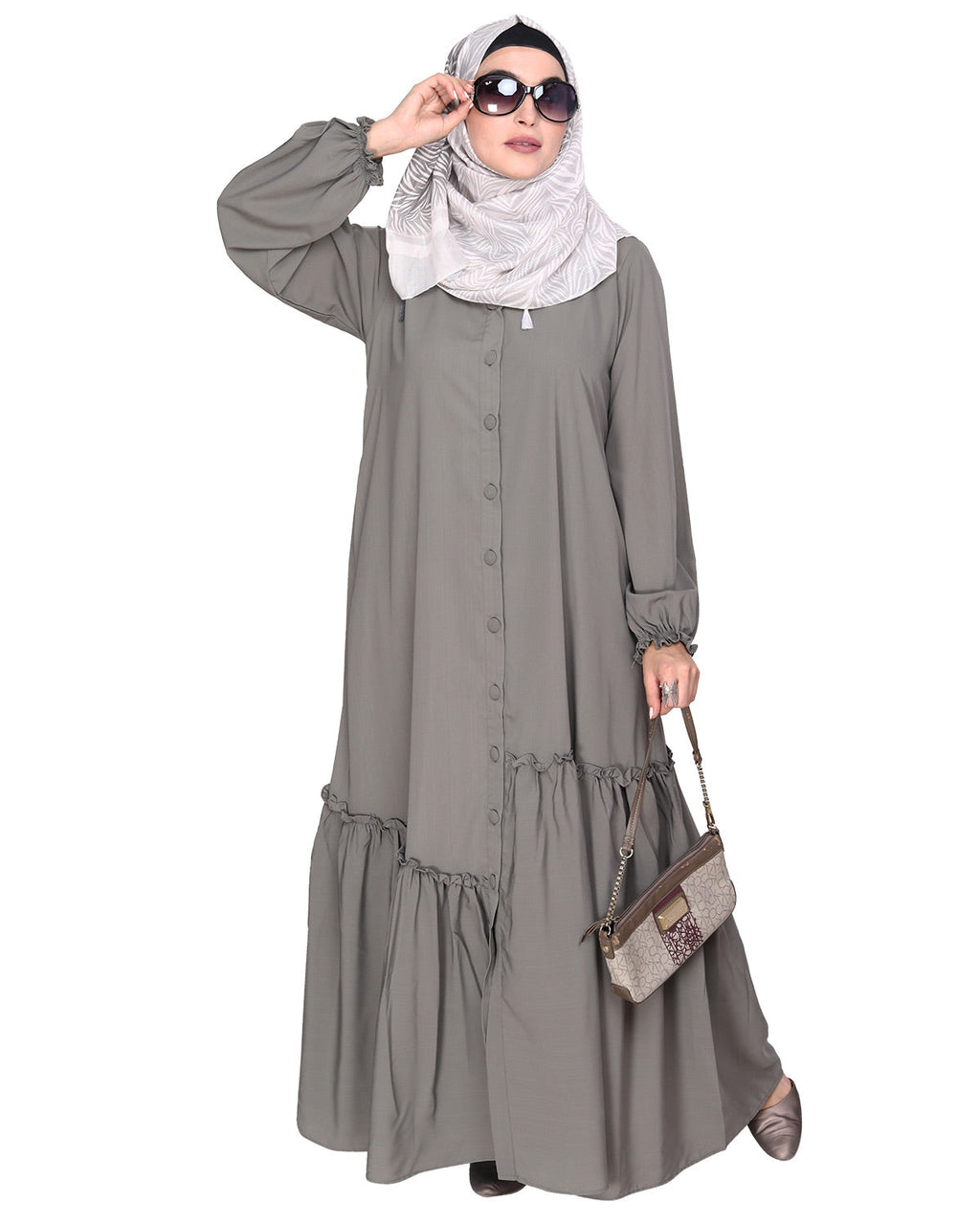 Chic Spiral Abaya With Frills Grey