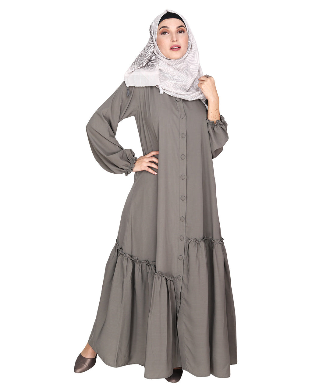 Chic Spiral Abaya With Frills Grey