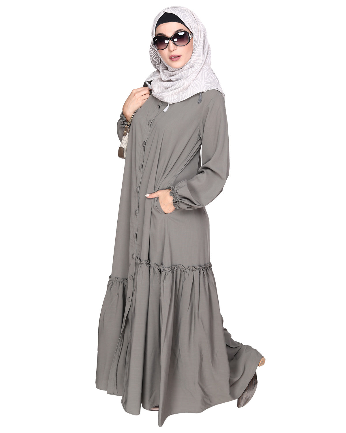 Chic Spiral Abaya With Frills Grey