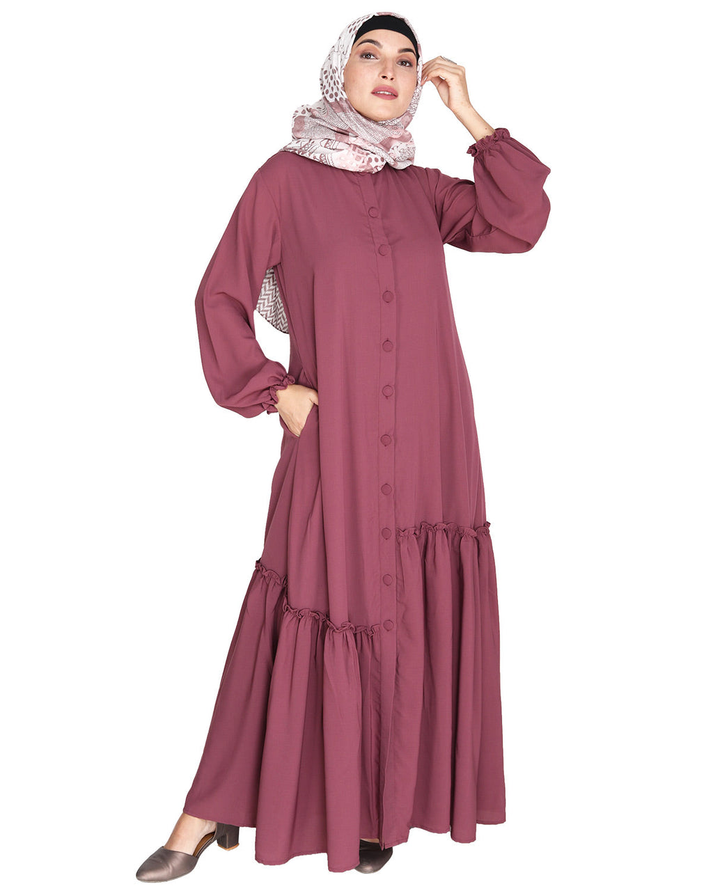 Chic Spiral Abaya With Frills Onion Pink