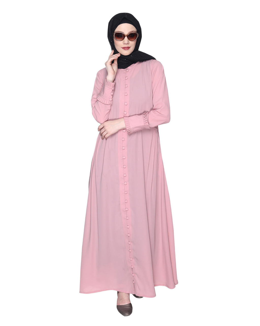 Refined Button Down Abaya With Frill Cuffs Pink
