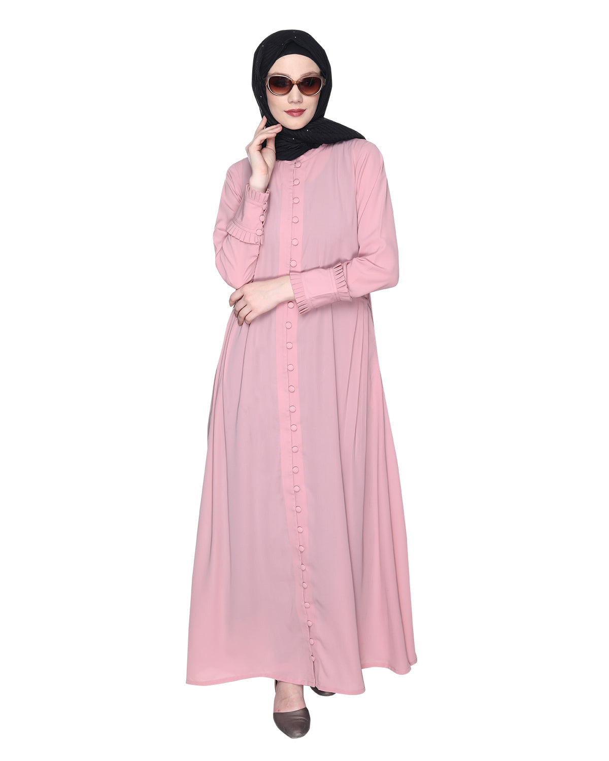 Refined Button Down Abaya With Frill Cuffs Pink