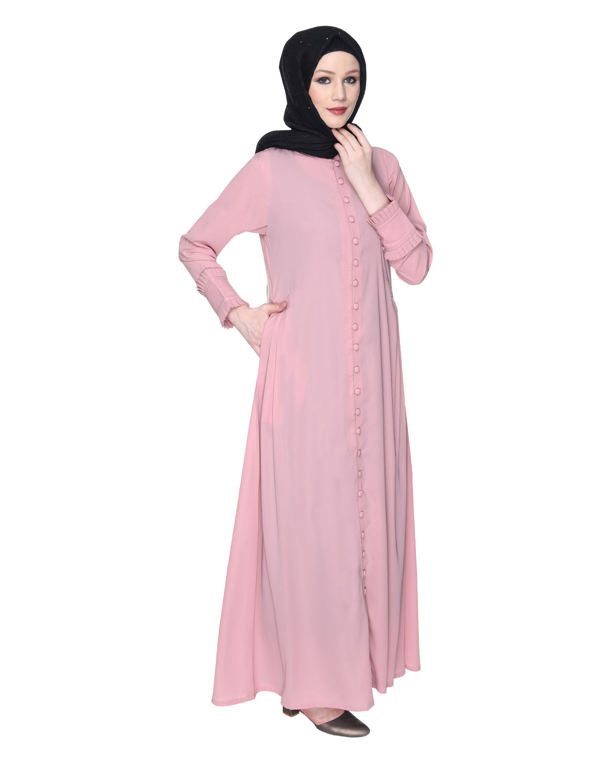 Refined Button Down Abaya With Frill Cuffs Pink