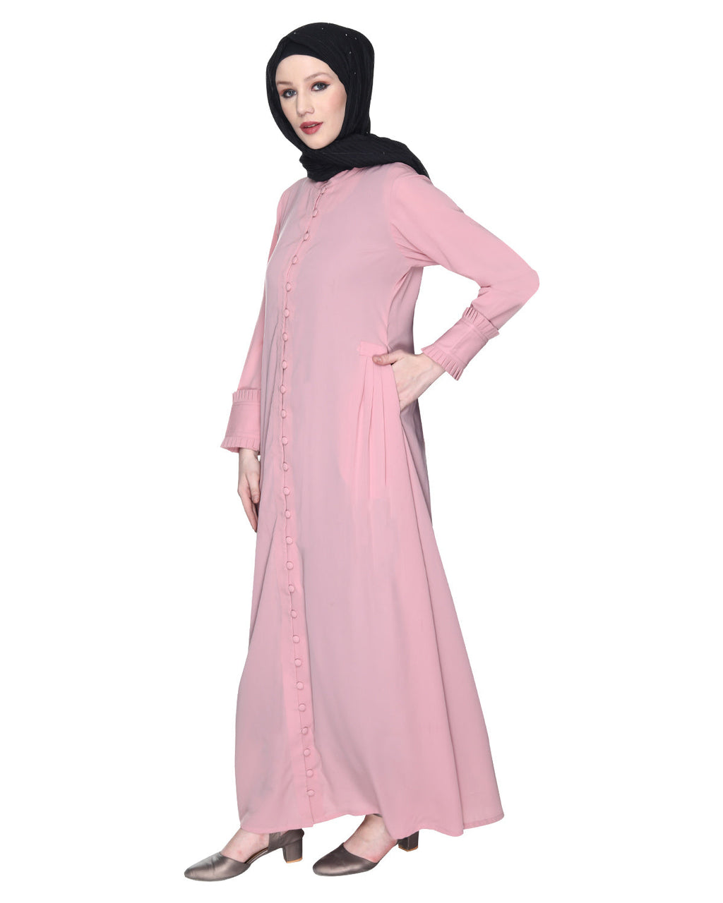 Refined Button Down Abaya With Frill Cuffs Pink