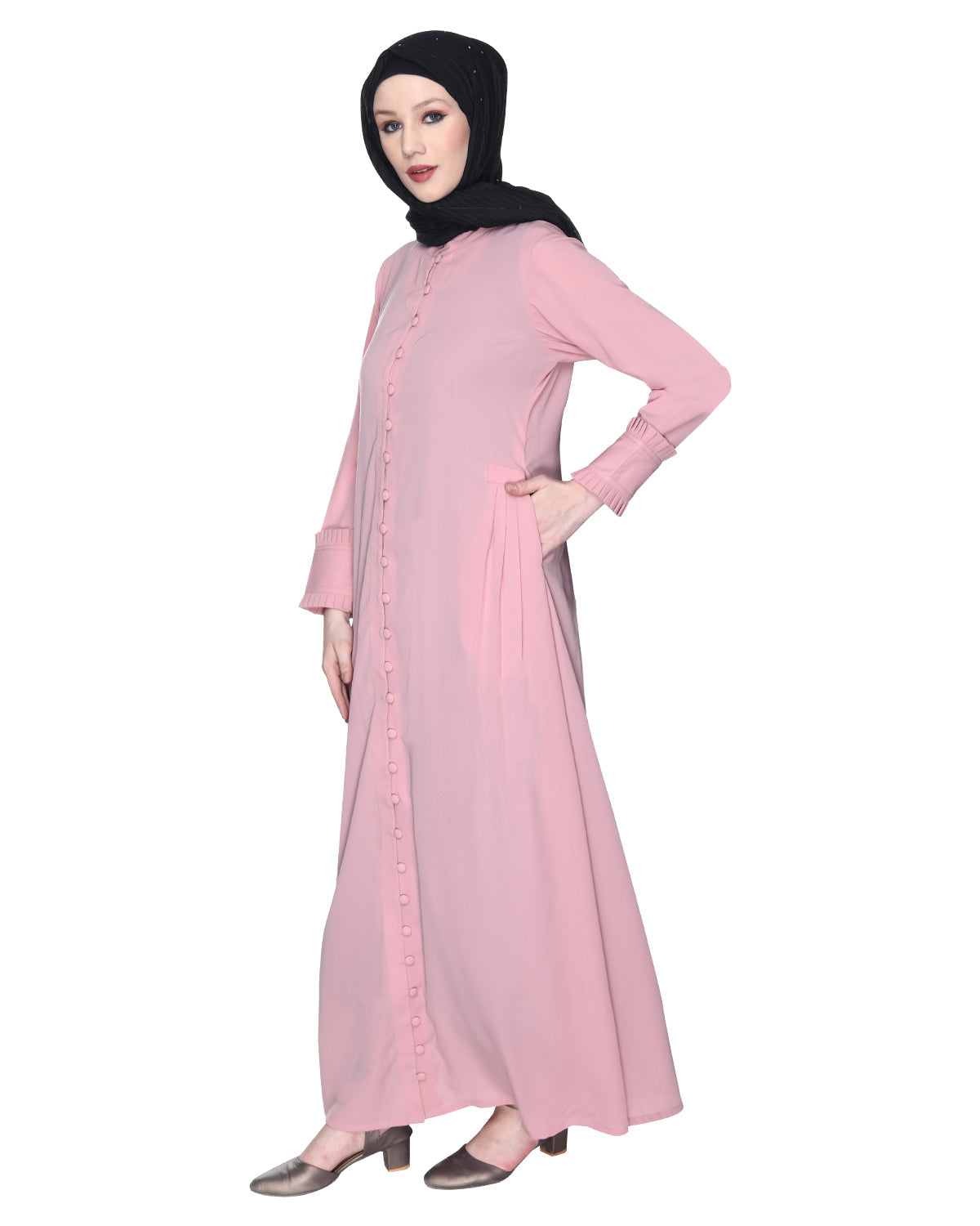 Refined Button Down Abaya With Frill Cuffs Pink