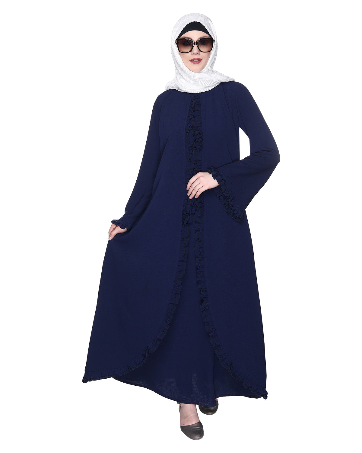 Dapper Deep Jacket Syle Frill Abaya Blue