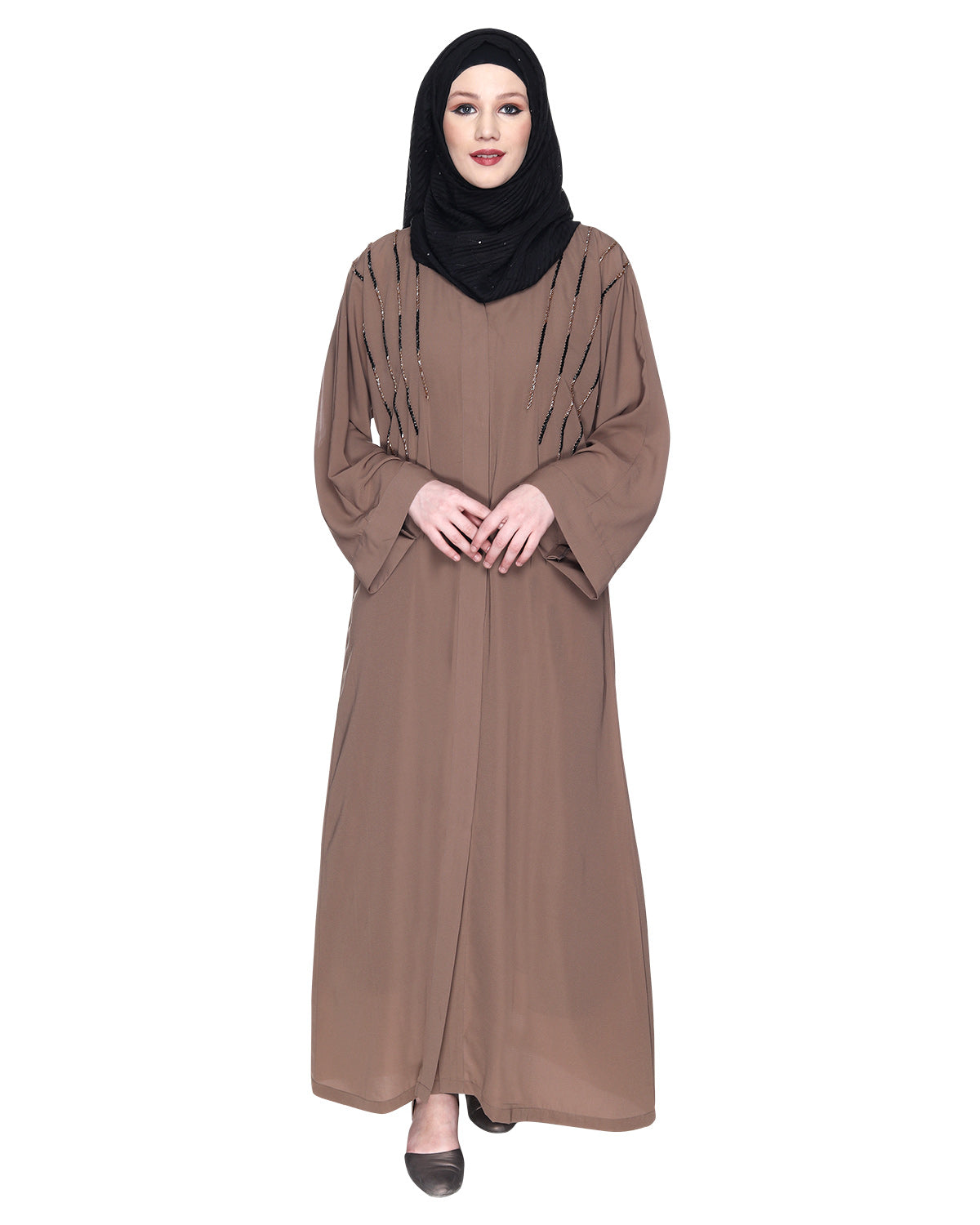 Spell-Binding Four Line Hand Embroidered Abaya Brown XS
