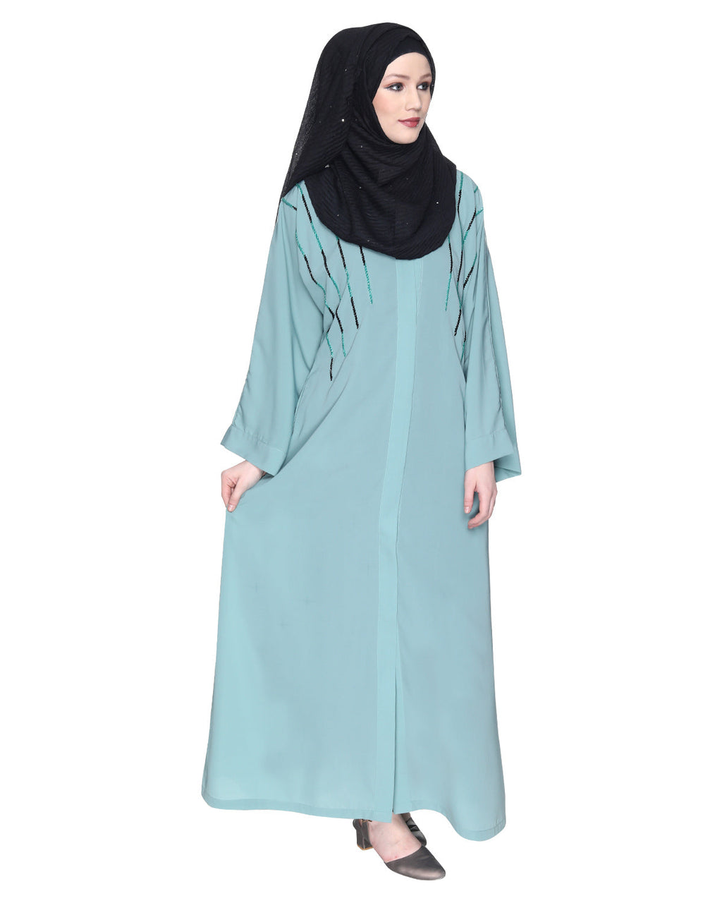 Spell-Binding Four Line Hand Embroidered Abaya Sage Green XS