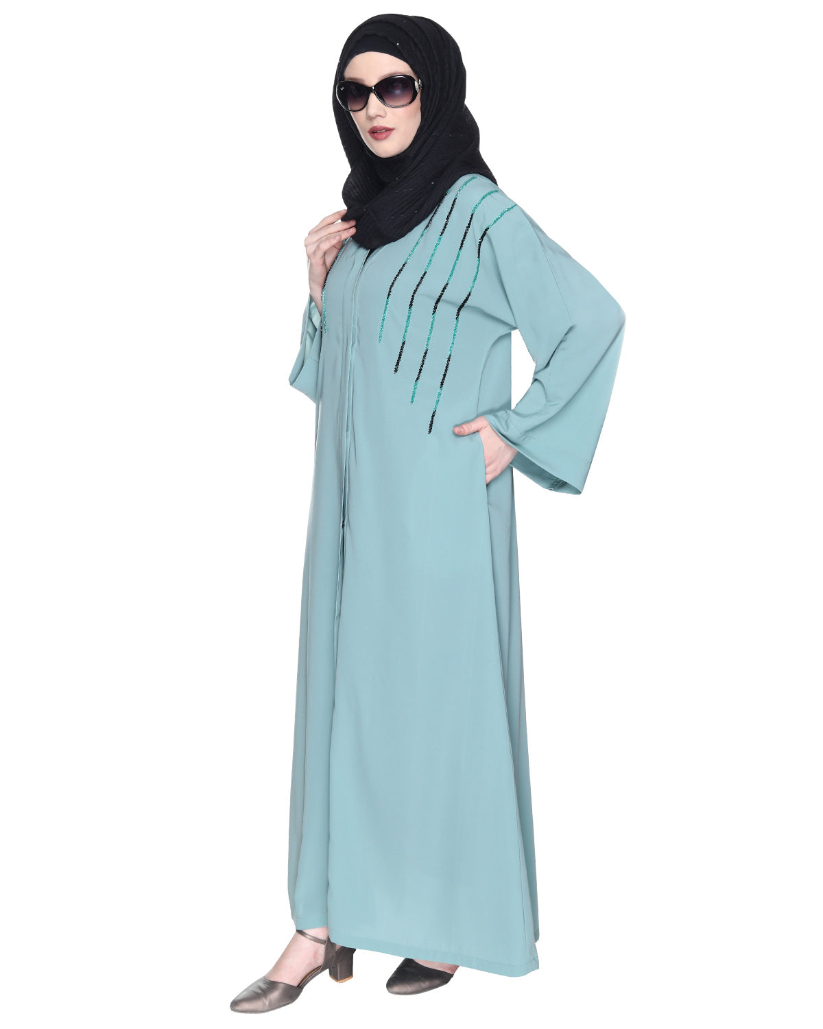 Spell-Binding Four Line Hand Embroidered Abaya Sage Green XS