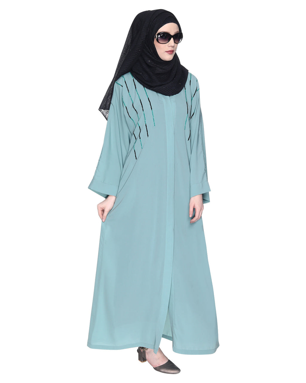 Spell-Binding Four Line Hand Embroidered Abaya Sage Green